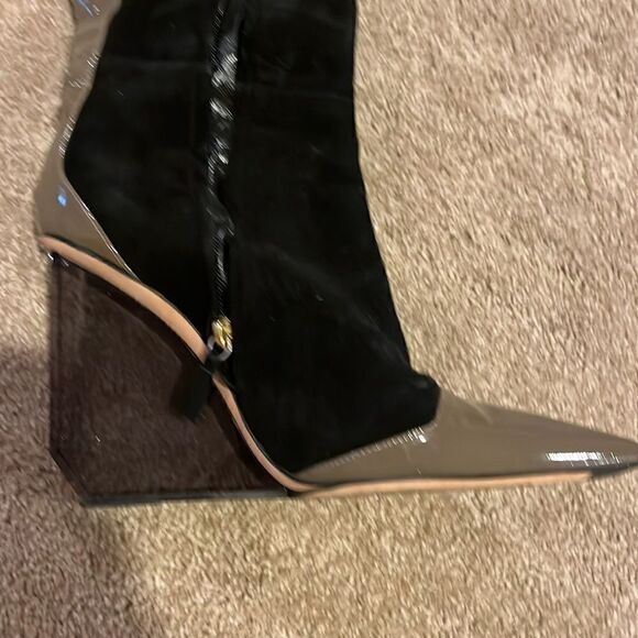 Pollini black suede thigh high boots with plexiglass heel and leather trim 40 - Picture 2 of 7